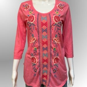 Johnny Was Pink Floral Embroidered Boho Top